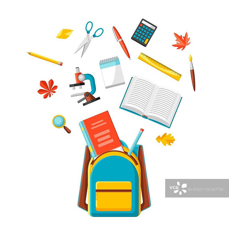 装有学习用品的书包：彩色用品文具插画图片素材