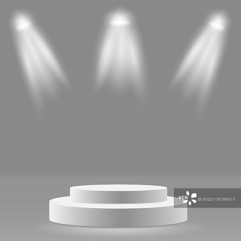 白色背景上聚光灯照射的圆形讲台、基座或平台矢量图图片素材