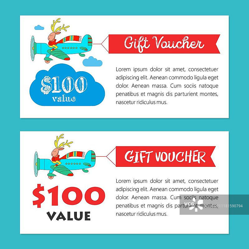 礼券套装：可爱的驯鹿飞行员戴着彩色针织围巾，驾驶飞机，手绘矢量插图图片素材