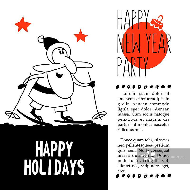 新年矢量插画。手绘。滑雪的趣味圣诞老人图片素材