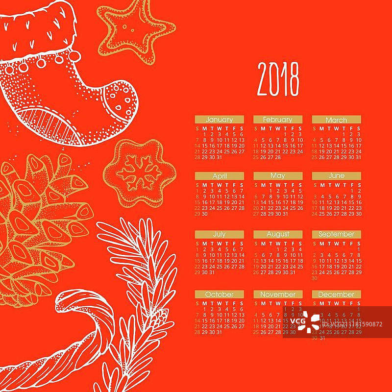 2018年日历矢量图，手绘圣诞红、圣诞袜和糖果饼干图片素材