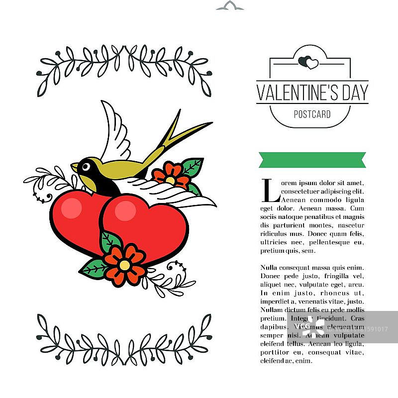爱的象征：两颗相爱的心和一只小鸟，矢量复古风格插画，适用于情人节图片素材