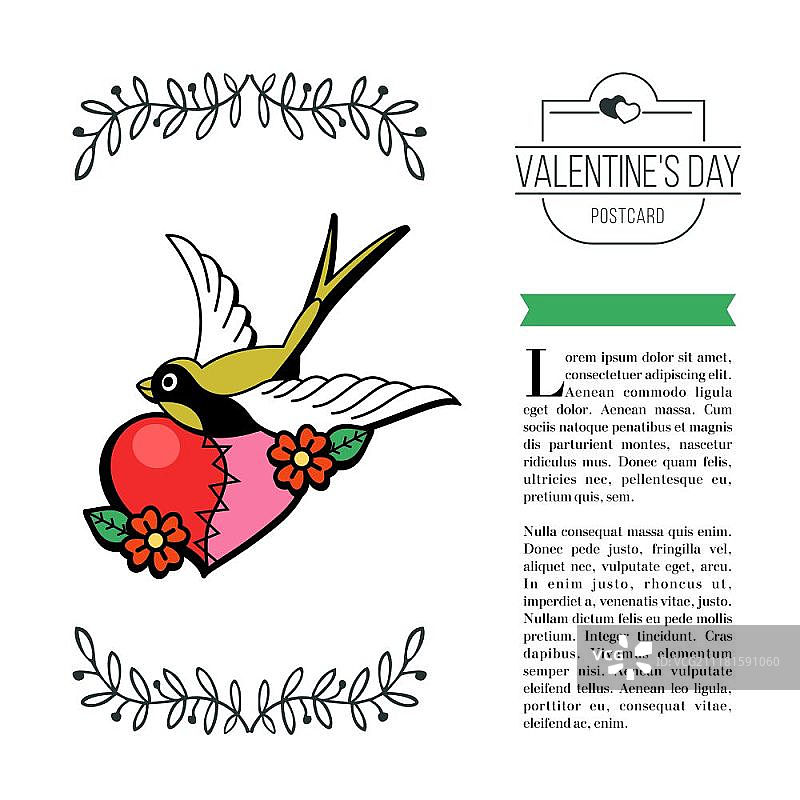 爱的象征：心形图案和小鸟矢量复古插画图片素材