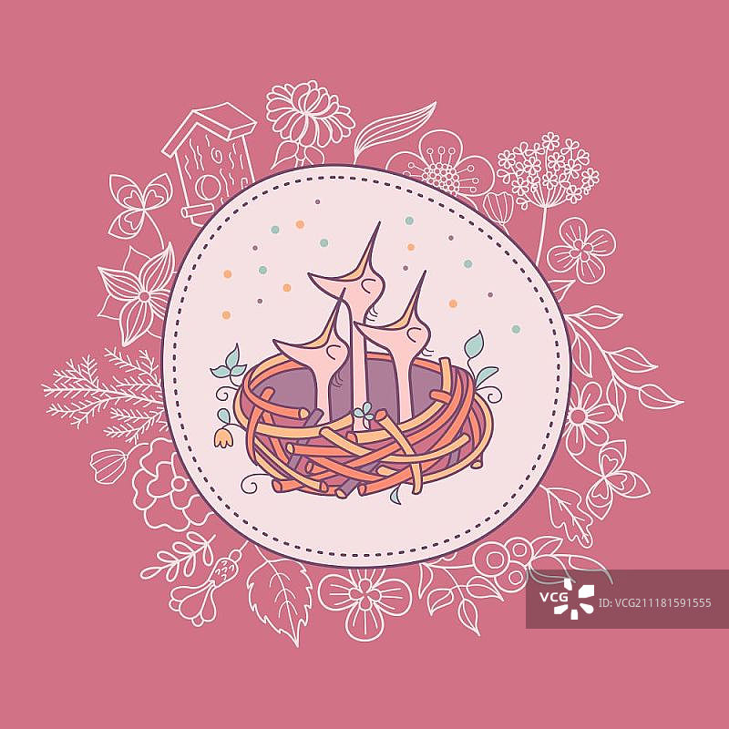 母亲节主题插画：小鸡在鸟巢等待妈妈图片素材