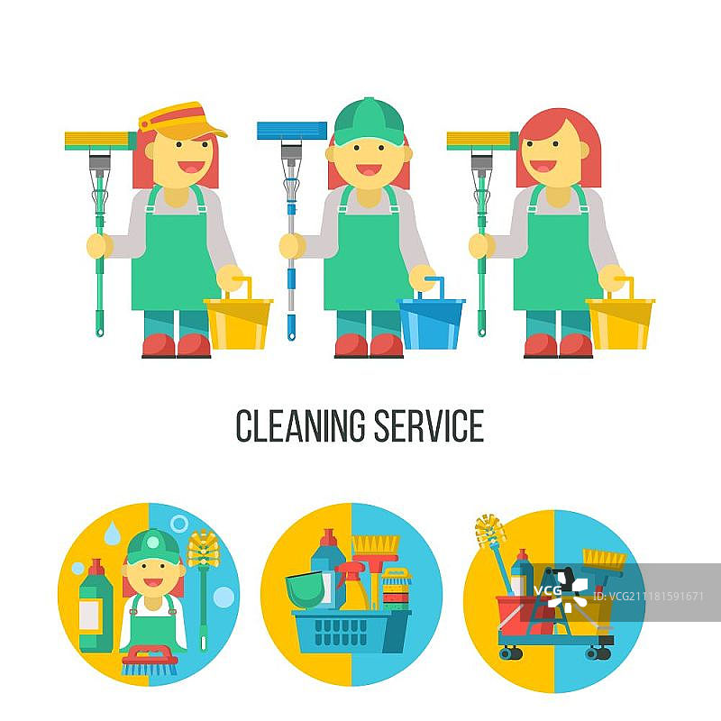 清洁服务。三位 профессиональных 清洁女工用拖把。扁平矢量插图，一套标志，徽标。专业场所清洁。一套矢量剪贴画，隔离在白色背景上。一套塑料篮中的清洁产品。图片素材