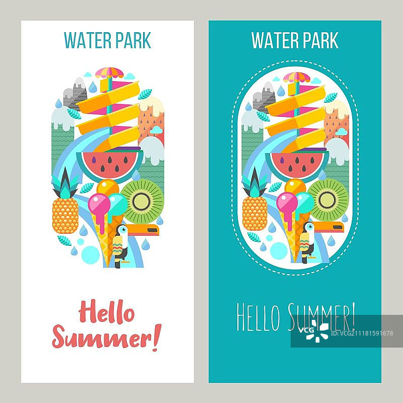 你好夏天，暑假，矢量插图，水上乐园，山地景观背景上的水滑梯，巨嘴鸟，西瓜，猕猴桃，菠萝和冰淇淋，一套扁平风格的剪贴画图片素材