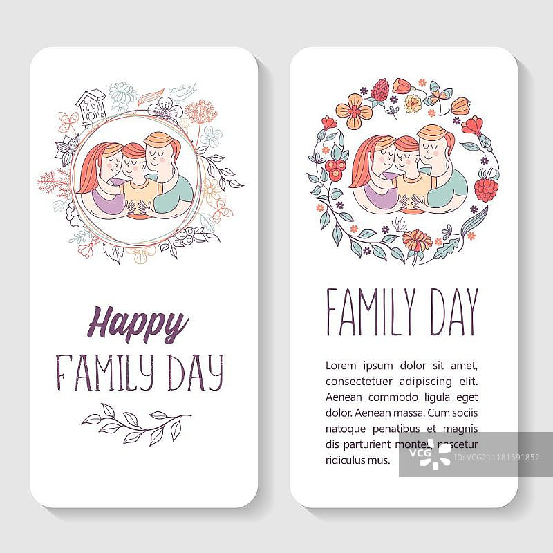 幸福家庭日矢量插画：快乐的家庭，国际家庭日贺卡，包含爸爸、妈妈和儿子，花朵边框图片素材