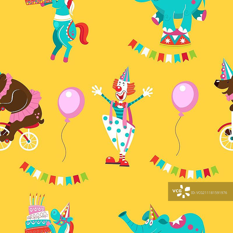 马戏团动物和表演者无缝图案，鲜艳的纺织品印花图案，生日礼物包装设计图片素材