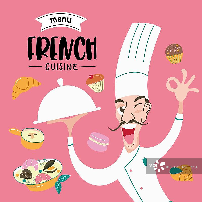 法国美食菜单：法式菜肴和糕点，厨师手持菜品，法式餐厅咖啡店菜单模板，法式菜肴矢量插画图片素材