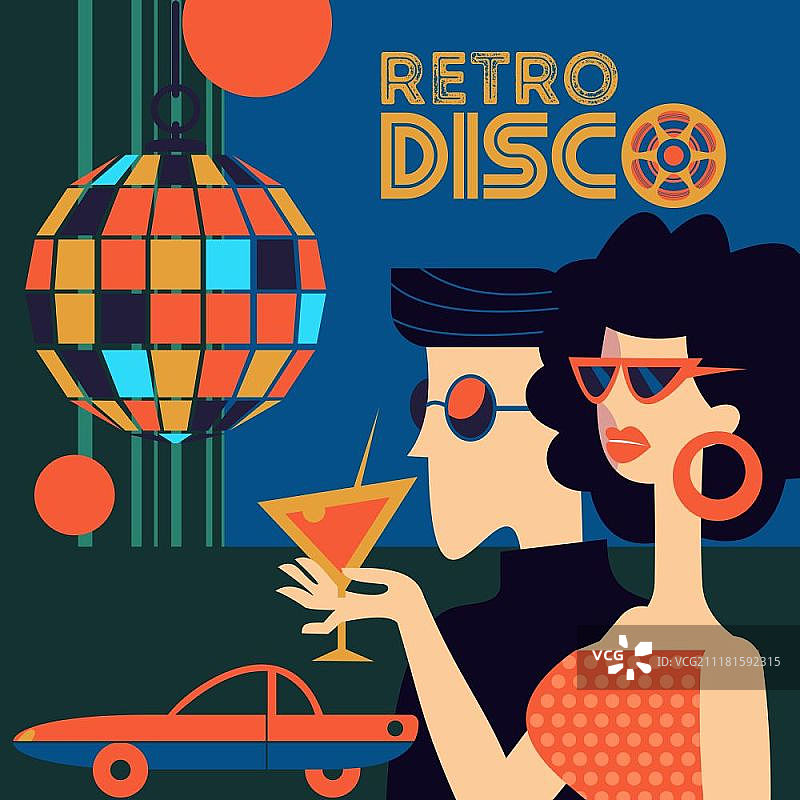 复古迪斯科派对矢量插图，戴太阳镜的男女在迪斯科舞厅，女孩拿着鸡尾酒，悬挂的迪斯科球图片素材