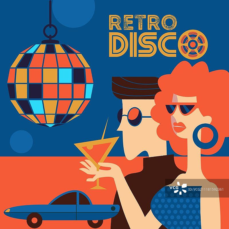 复古迪斯科派对矢量插图，戴太阳镜的男女在迪斯科舞厅，女孩拿着鸡尾酒，悬挂的迪斯科球图片素材