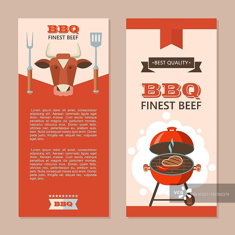 烧烤矢量插图，顶级牛肉，烤架上烤制的鲜嫩牛排，矢量插图宣传单模板，带有文本空间，牛头标志和烹饪叉铲，美味，最优质的肉类图片素材