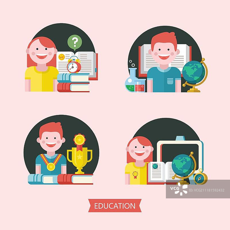 教育学校矢量标志，学院学生书籍地球仪指南针闹钟奖杯图片素材