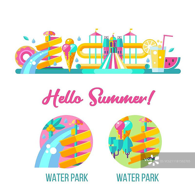 水上乐园：你好夏天。矢量剪贴画：水上乐园、水滑梯、水中夏日乐趣、夏季假期、热带水果、自然、休闲。矢量剪贴画图片素材