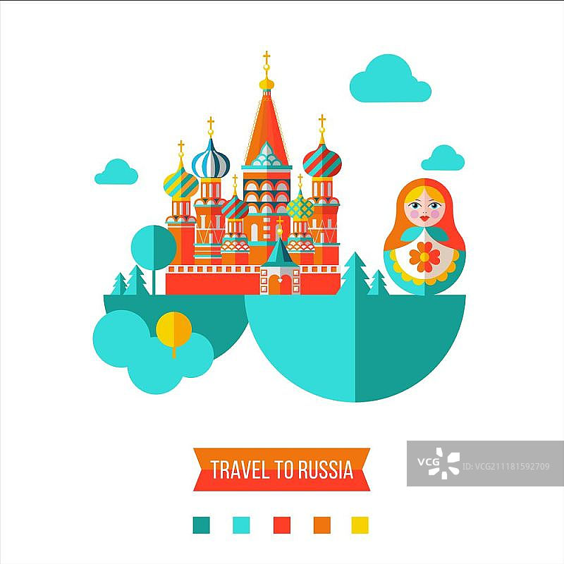 俄罗斯之旅：平面矢量图。前往俄罗斯旅行。俄罗斯著名圣瓦西里大教堂和俄罗斯套娃矢量图图片素材