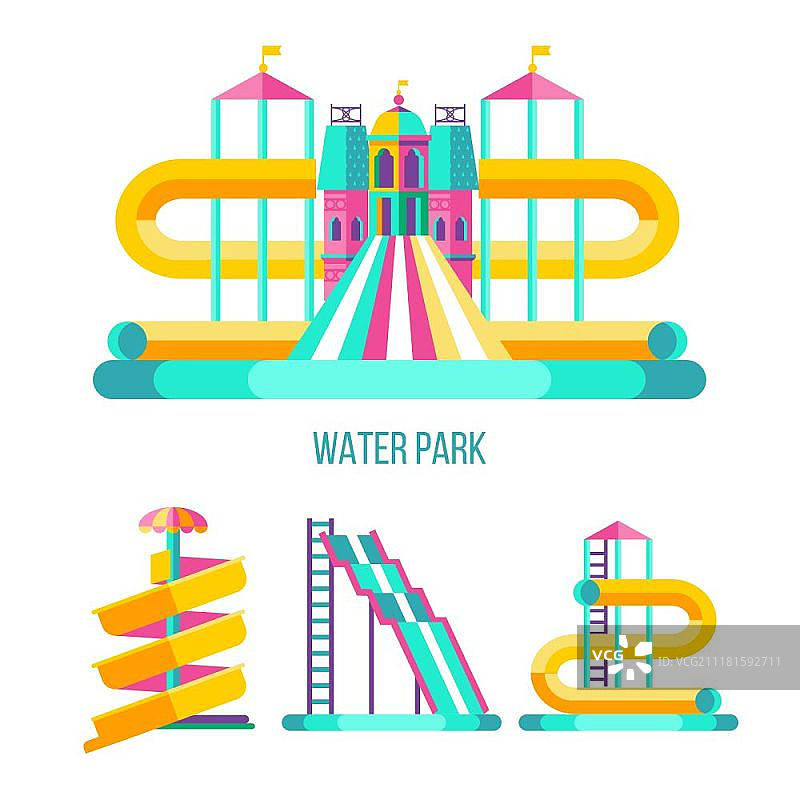 水上乐园：你好夏天。矢量剪贴画：水上乐园、水滑梯、水中夏日乐趣、夏季假期、热带水果、自然、休闲。矢量剪贴画图片素材