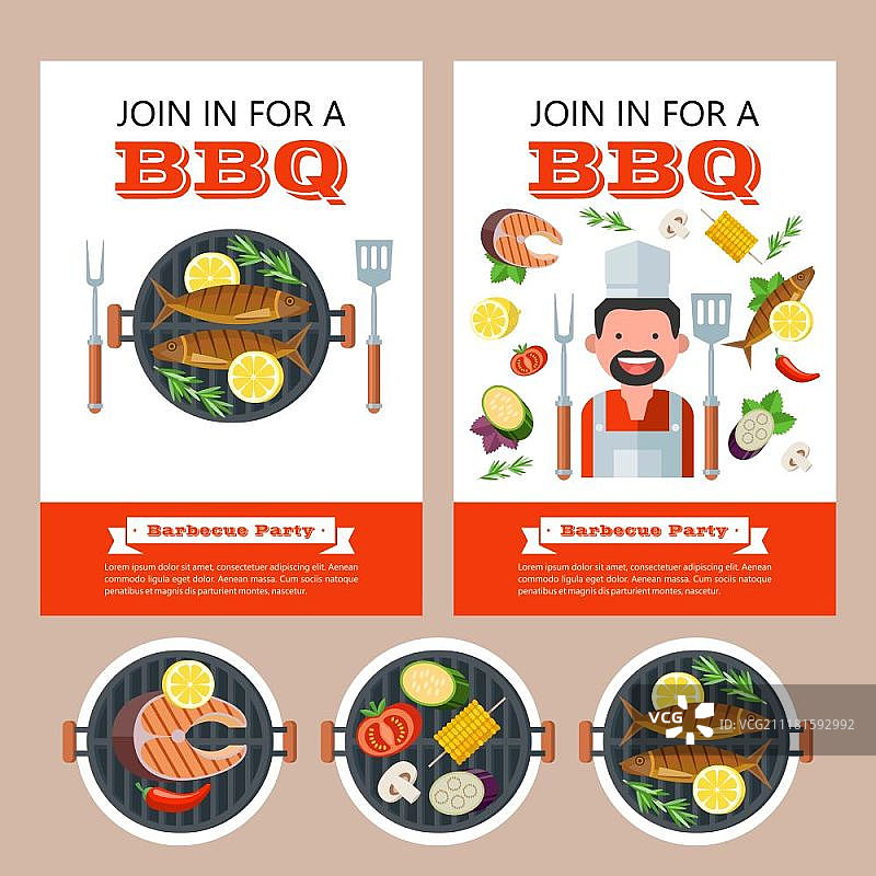 烧烤派对：烤鱼和蔬菜矢量插画。烧烤派对邀请函，可添加文字。欢快的厨师。诱人的烤鱼周围环绕着蔬菜。烧烤标志矢量图图片素材