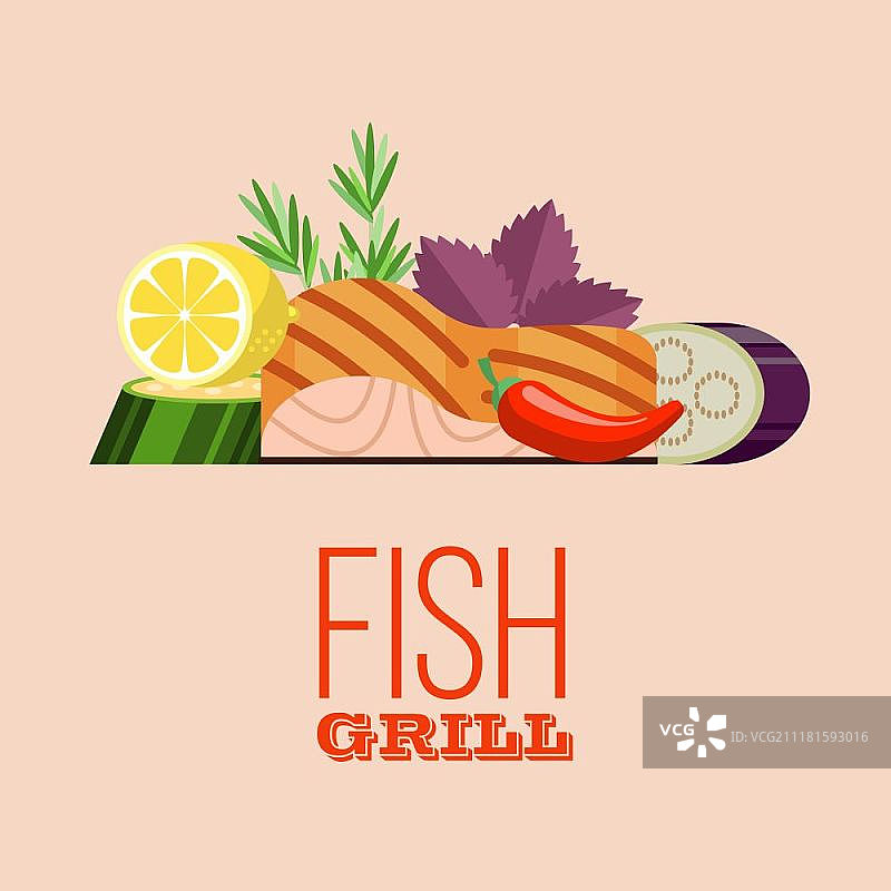 烧烤派对。烤鱼和蔬菜。烤鱼。美味的烤鲑鱼周围环绕着蔬菜、西葫芦、柠檬、迷迭香、罗勒、茄子静物。扁平风格矢量图，白色背景上孤立图片素材