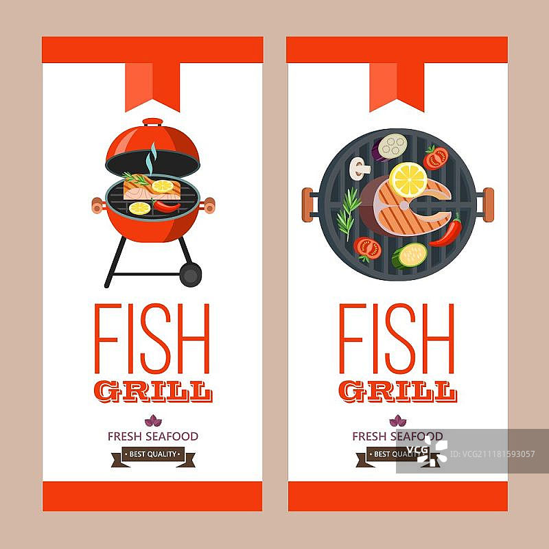烧烤派对：烤鱼和蔬菜矢量图，烤鱼，令人垂涎的柠檬烤三文鱼矢量图，白色背景上的标志图片素材