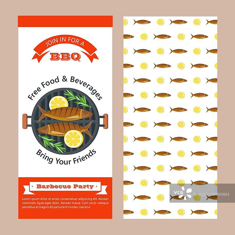 烧烤派对：烤鱼和蔬菜矢量插画邀请函图片素材