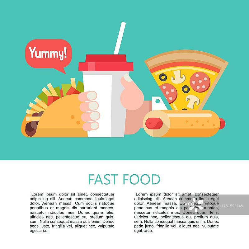 快餐：美味食品。扁平风格矢量插图，披萨、肉类蔬菜卷饼、热狗和奶昔。一套受欢迎的快餐菜肴，带有文字空间插图。图片素材