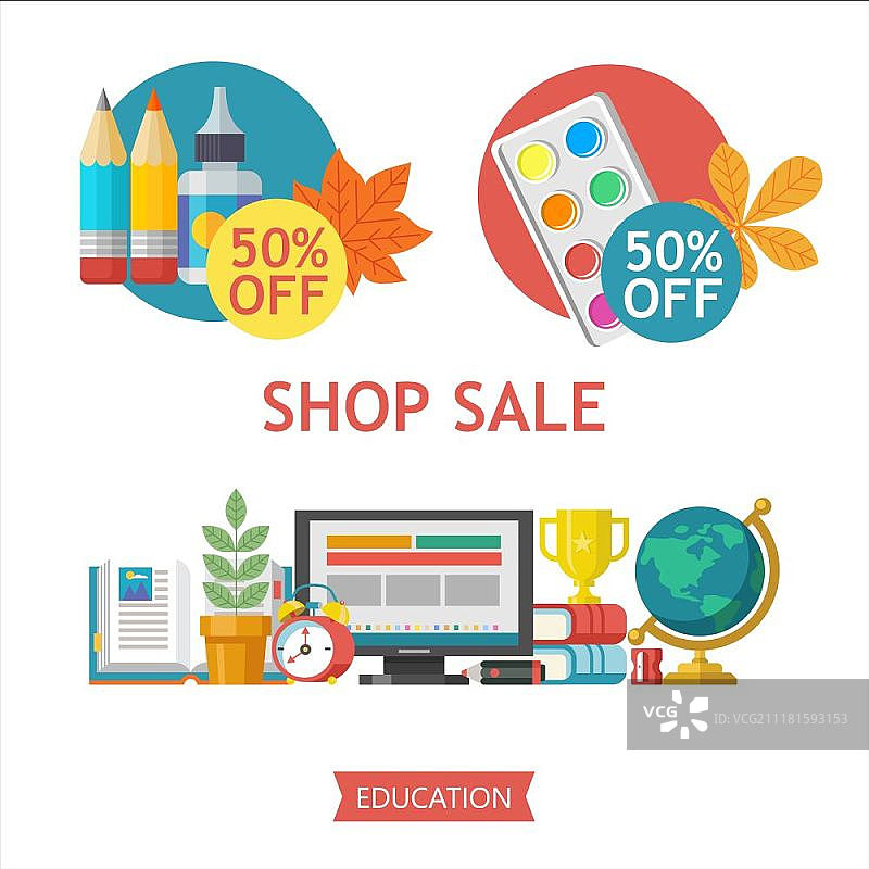 RGB基础色：学校促销彩色矢量插画，文具店和学校用品促销海报，包含学习用品和秋叶图片素材