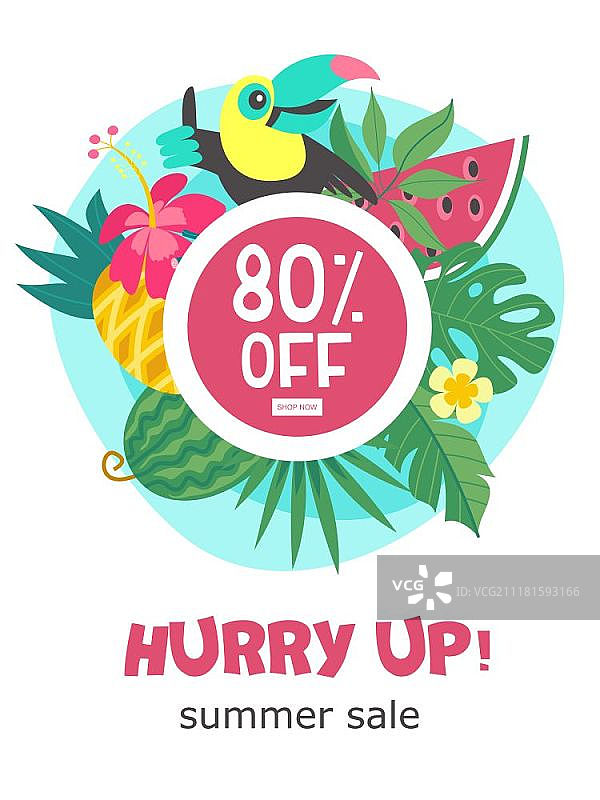 夏季促销彩色广告海报：卡通风格巨嘴鸟热带水果树叶80%折扣图片素材