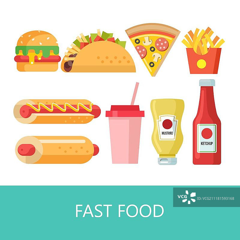 快餐美食：汉堡、炸玉米饼、热狗、奶昔、披萨、薯条、芥末和番茄酱矢量插图图片素材