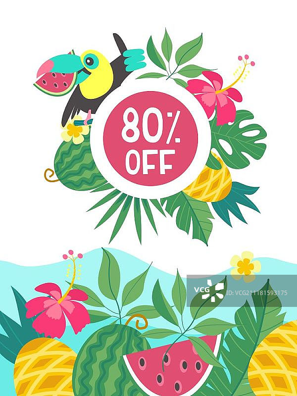 夏季促销彩色广告海报，卡通风格巨嘴鸟与西瓜热带水果图片素材