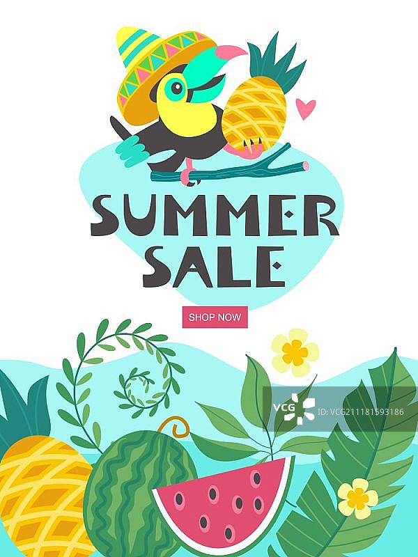 夏季促销。明亮多彩的广告海报。快乐的巨嘴鸟。夏季促销。明亮多彩的广告海报。一只戴着明亮墨西哥帽的快乐巨嘴鸟拿着一个菠萝。卡通风格插图。图片素材