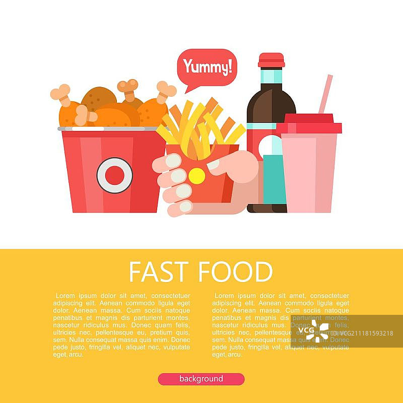 快餐美食。扁平风格矢量插图。一套受欢迎的快餐菜肴。炸鸡腿、炸薯条、饮料和奶昔桶。图片素材