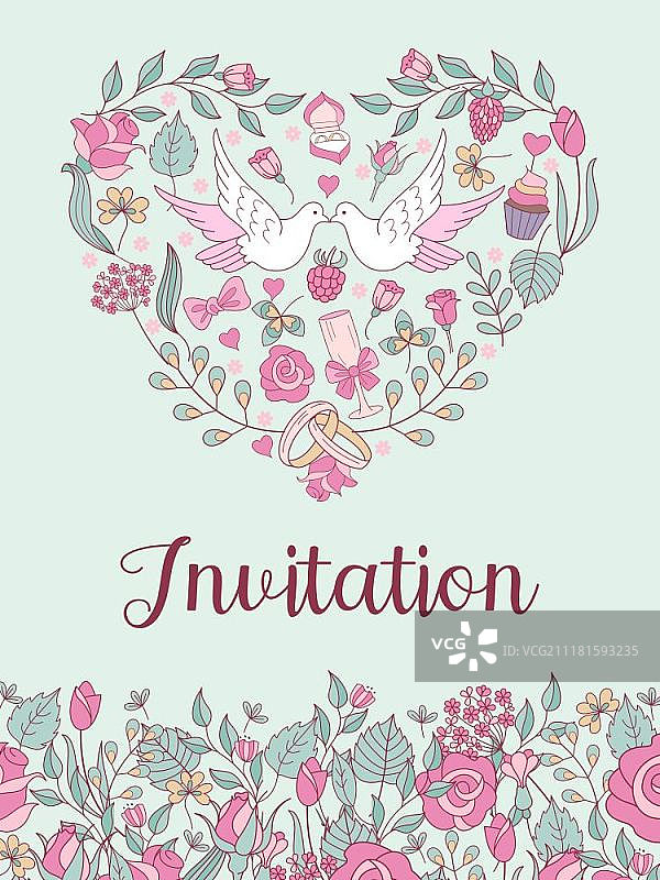心形花卉白鸽香槟婚礼请柬图片素材