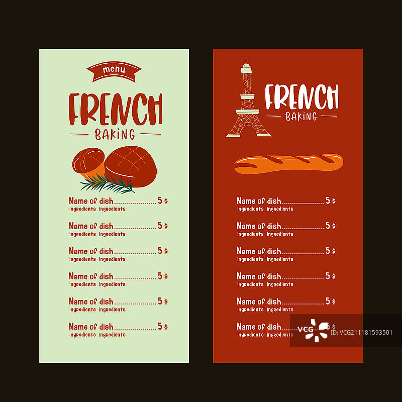 传统法式糕点面包：法棍和奶油面包矢量插画，烘焙菜单模板图片素材