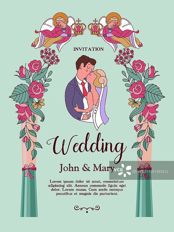 幸福的婚礼。婚礼卡片。婚礼请柬。新娘和新郎。两个天使手持婚礼皇冠在新人头上。玫瑰花架。可爱的矢量插图。图片素材