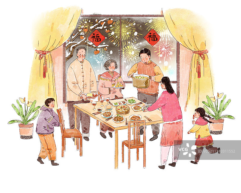年夜饭水彩插画图片素材