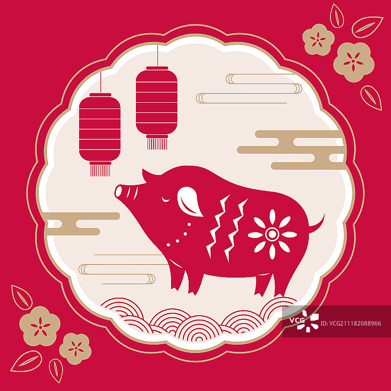 猪年剪纸春节插画图片素材