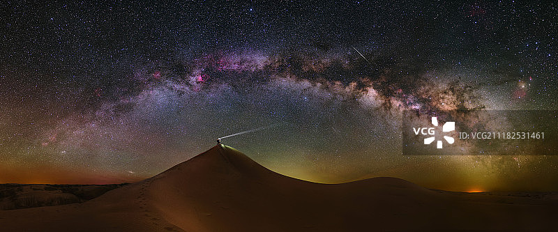 内蒙古库布齐沙漠里银河下的行者图片素材