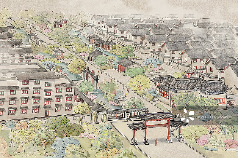水彩江南建筑图片素材