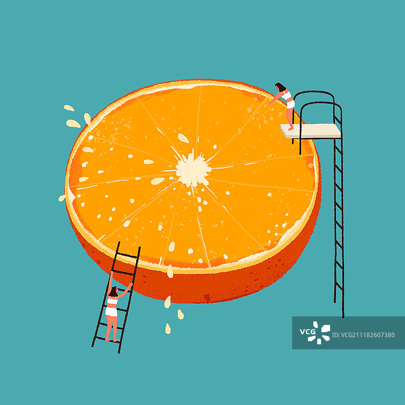 把橙子当作泳池的女孩图片素材