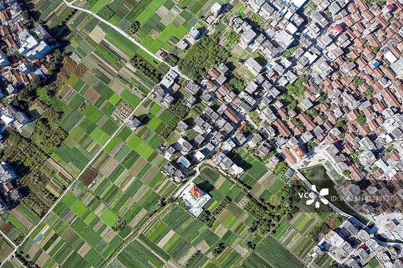 航拍下的村落与田地图片素材