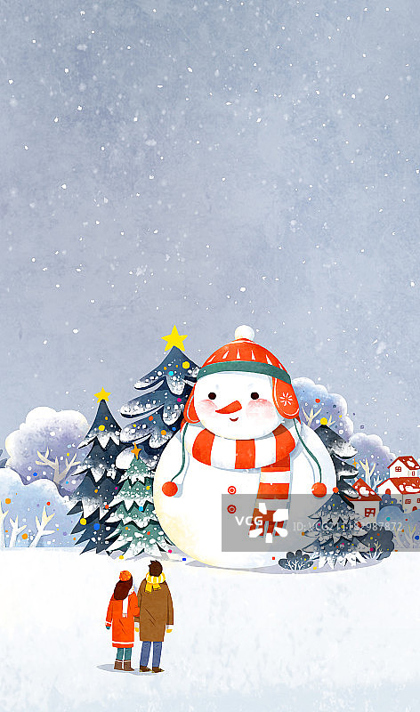 雪地里的情侣和雪人图片素材