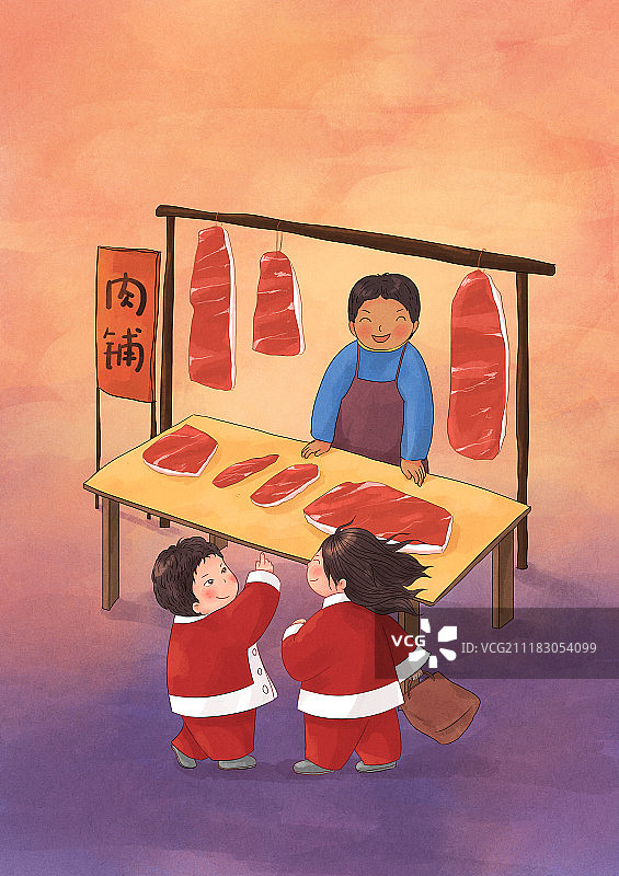 年俗插画割年肉图片素材