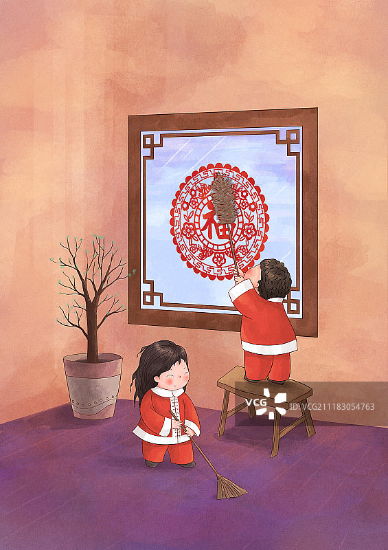 年俗插画扫房子图片素材