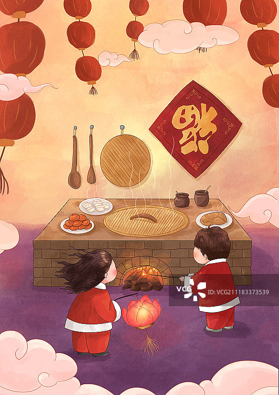 年俗插画灶下点灯图片素材