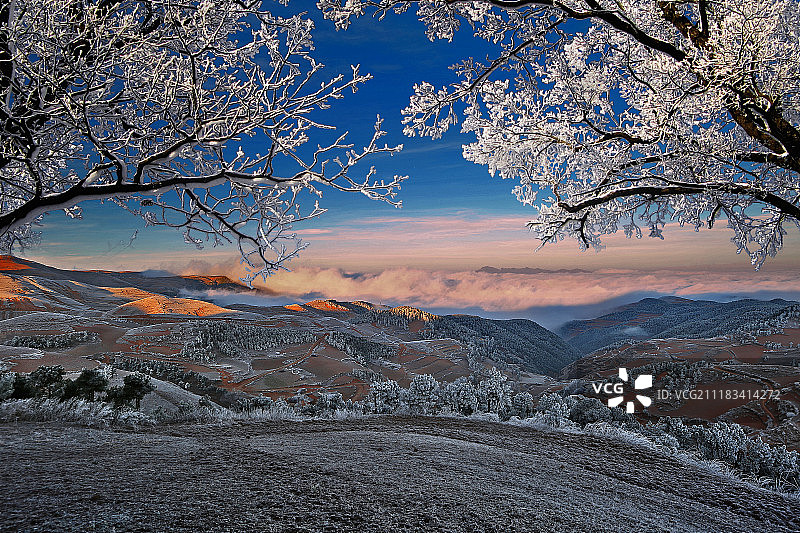 云南昭通雪中的黎明图片素材