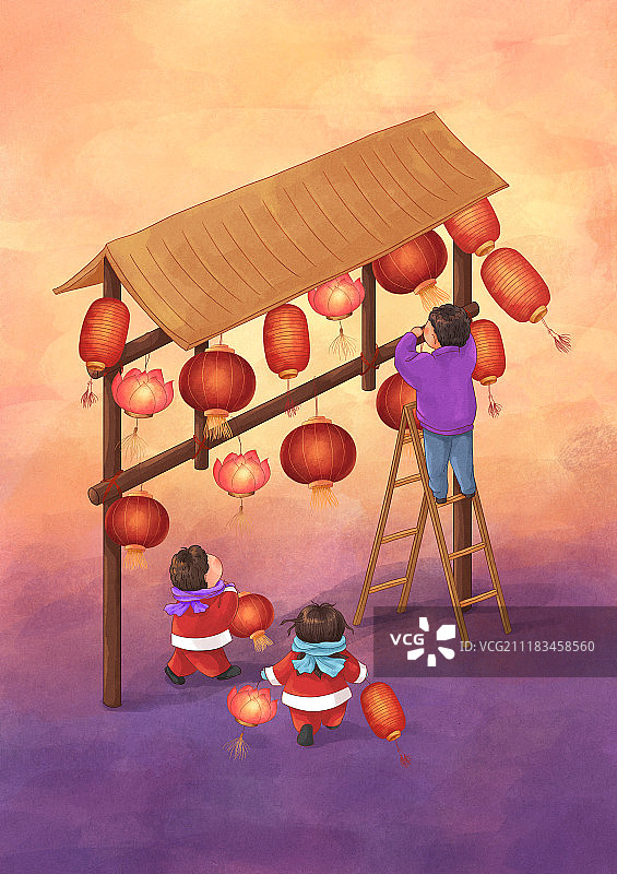 年俗插画搭建灯棚图片素材