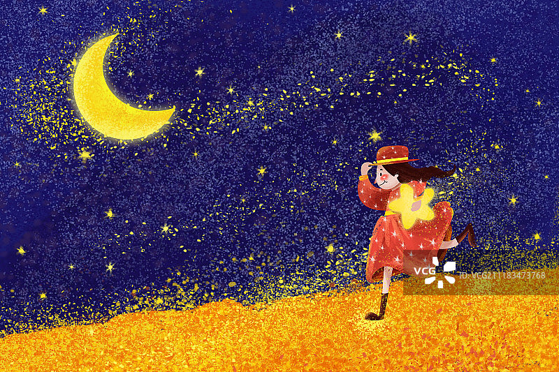 抱着星星奔跑的女孩图片素材