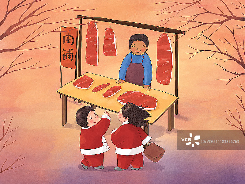 年俗插画割年肉横版图片素材