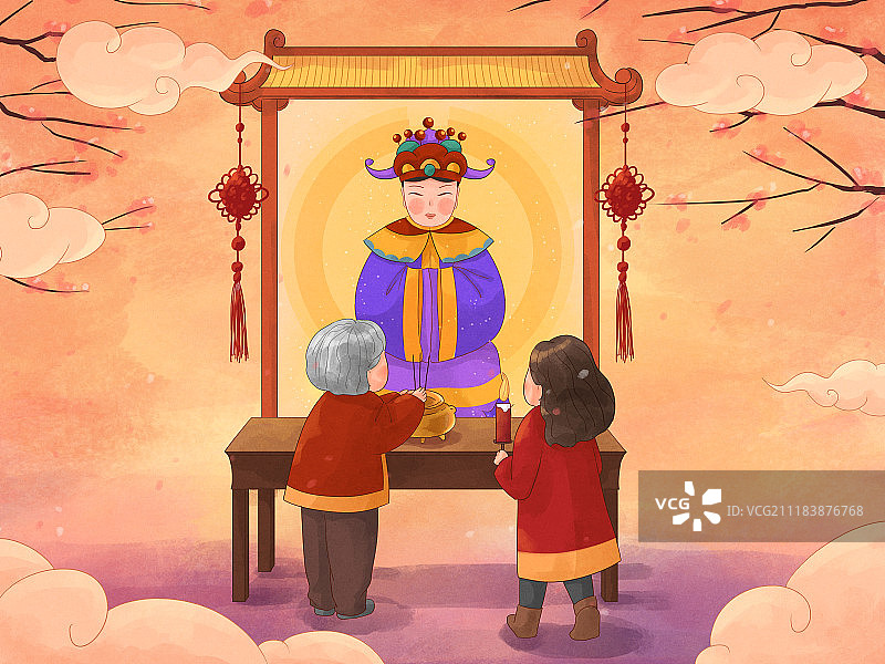 年俗插画祭奉紫姑横版图片素材