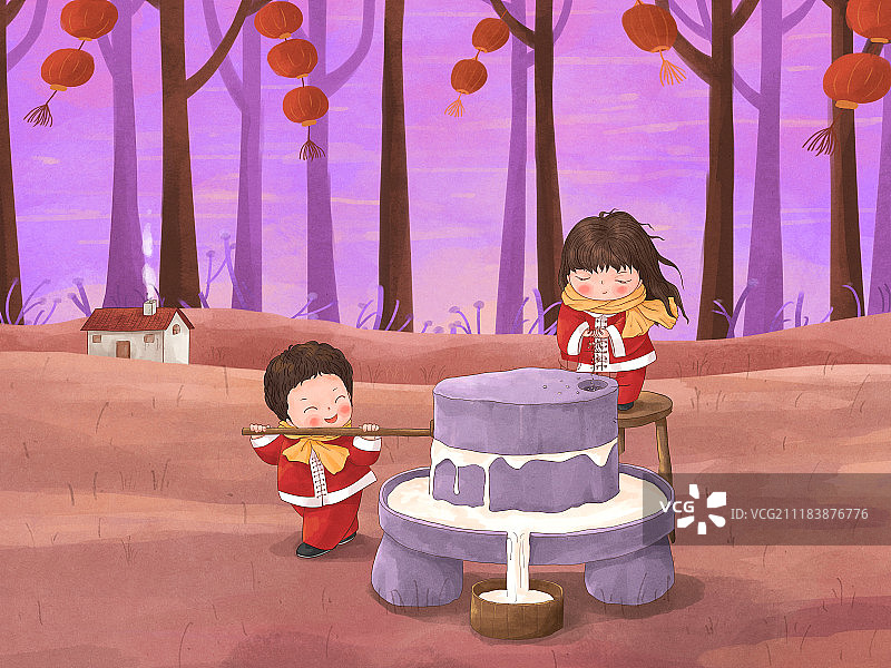 年俗插画磨豆腐横版图片素材